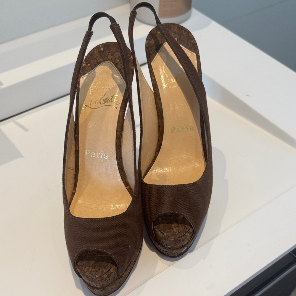 Brown Louboutin Slingback Peep-Toe Heels